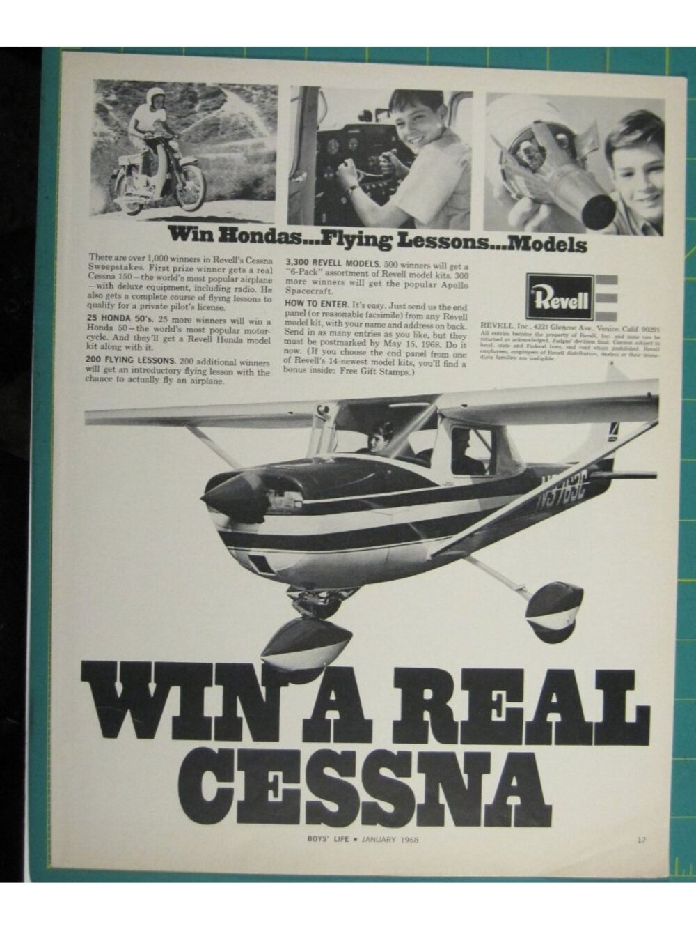 Print Ad Win A Real Cessna Sweepstakes Revell Models Boys Life 1968 Vintage Kits
